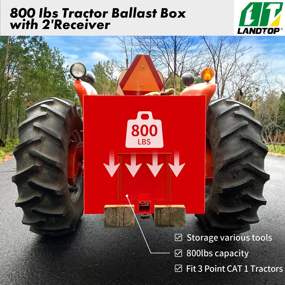 Red 800 lbs 3 Point Hitch Tractor Ballast Box Fits Category 1 Tractors Attachment with 2" Quick Hitch Receiver