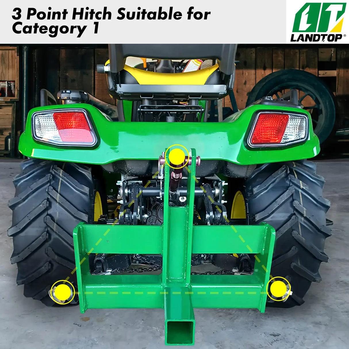 3 Point Hitch Receiver for Category 1, 2" Receiver Tractor Drawbar Attachments with Suitcase Weight Brackets, Green