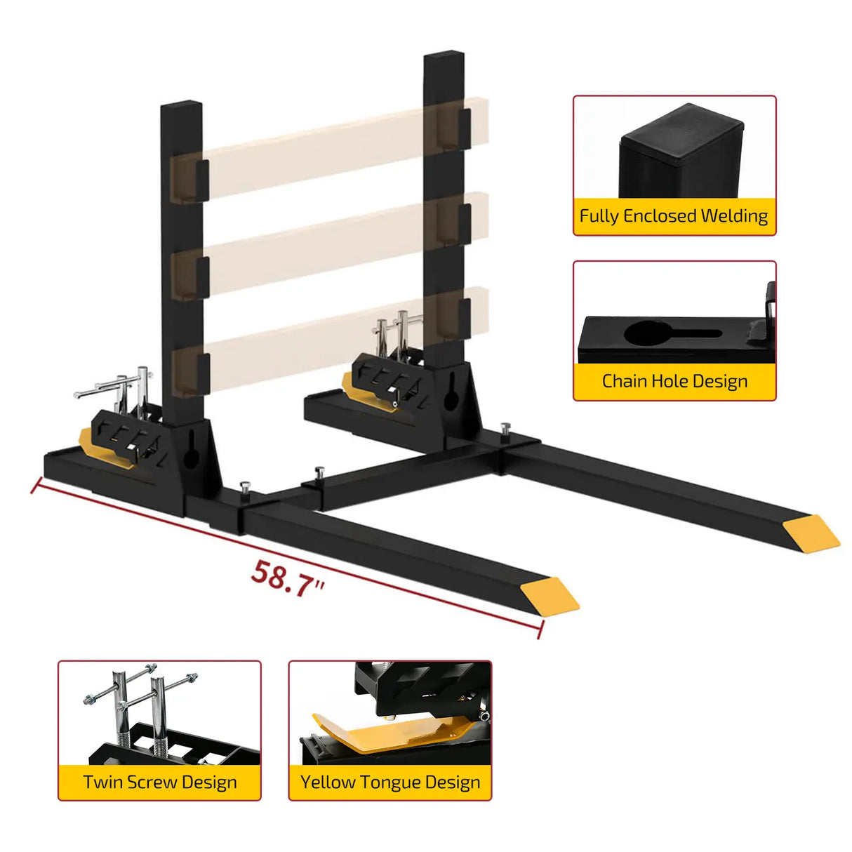 60" 4000 lbs Heavy Duty Clamp-on Pallet Forks with Anti-roll Bar, Tractor Attachment with Adjustable Stabilizer Bar for Tractor Bucket Loader Skid Steer