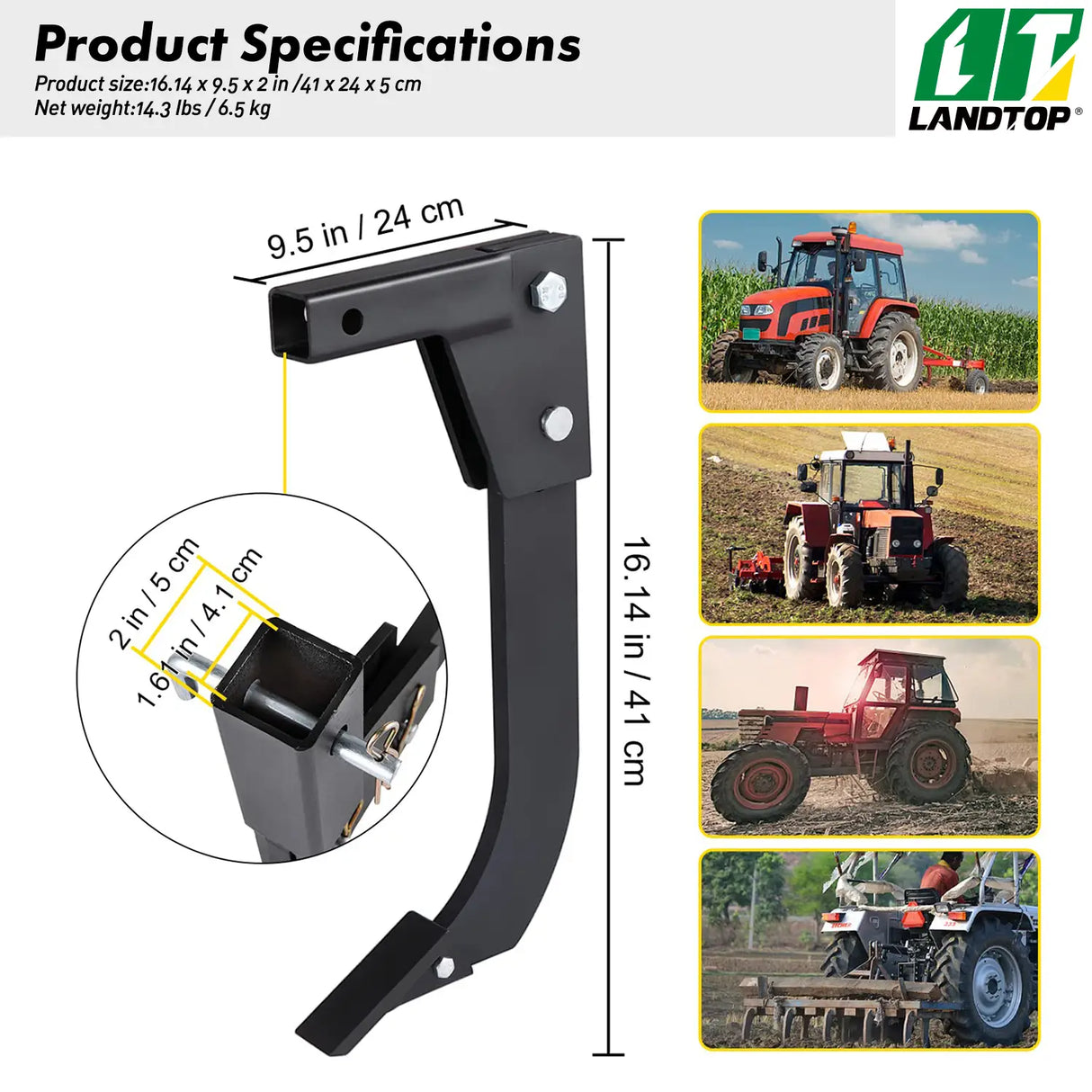 Hitch Mounted Ripper, 16" Shank Length Box Scraper Shank, 4 Hole Site Box Blade for Tractor, 2 Locating Pins Ripper Shank, 2 Plough Tips Box Blade Shank Teeth