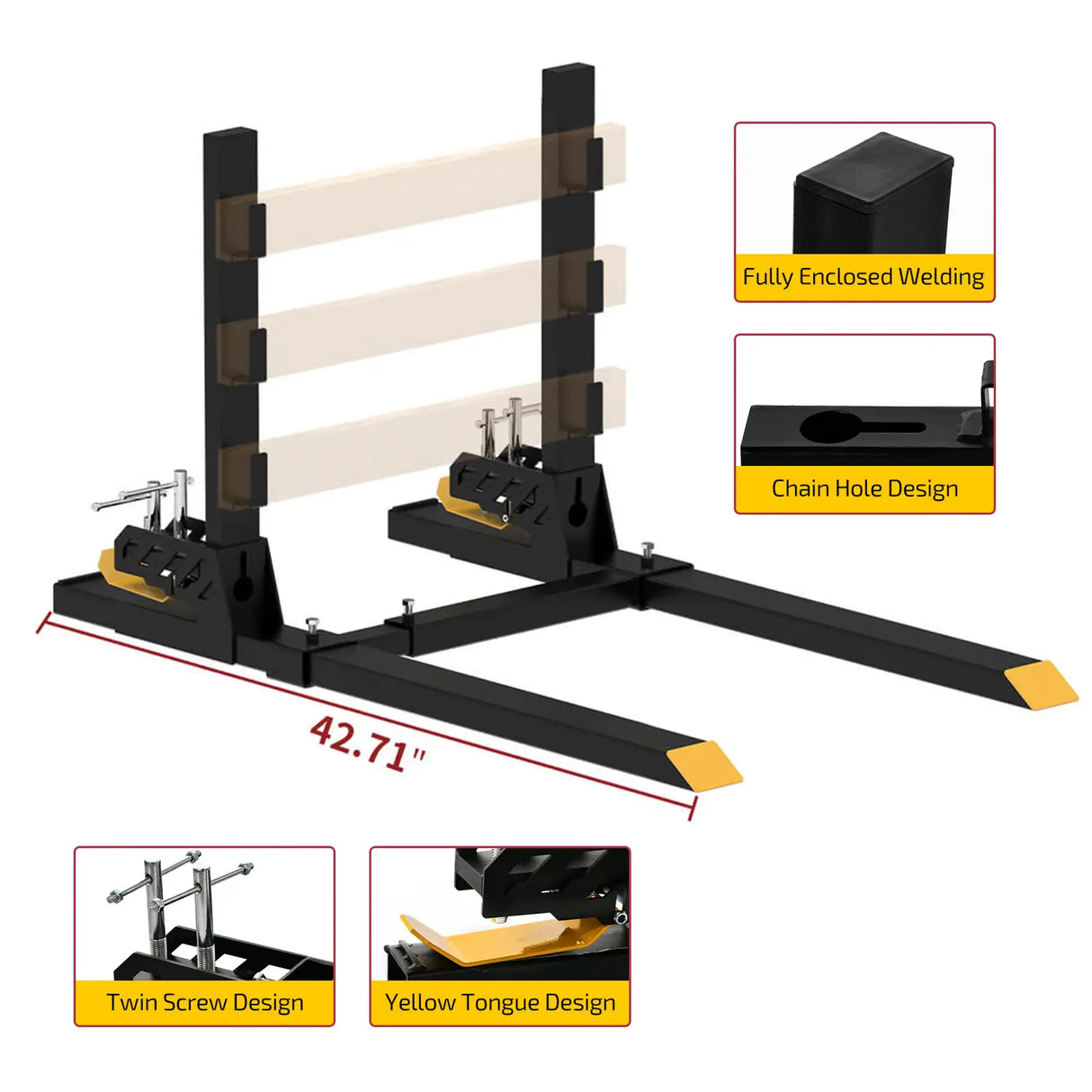 43" Clamp on Pallet Forks with Anti-roll Bar, 1500lbs Heavy Duty Quick Attach Bucket Fork with Adjustable Stabilizer Bar for Tractor Loader Skid Steer