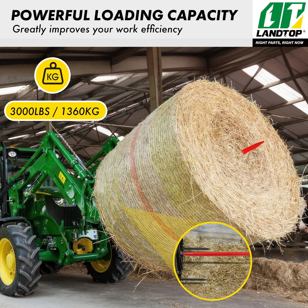 49" Hay Spears, 3000 Lbs Capacity Quick Attach Square Hay Bale Spear with 2 Stabilizer Spears