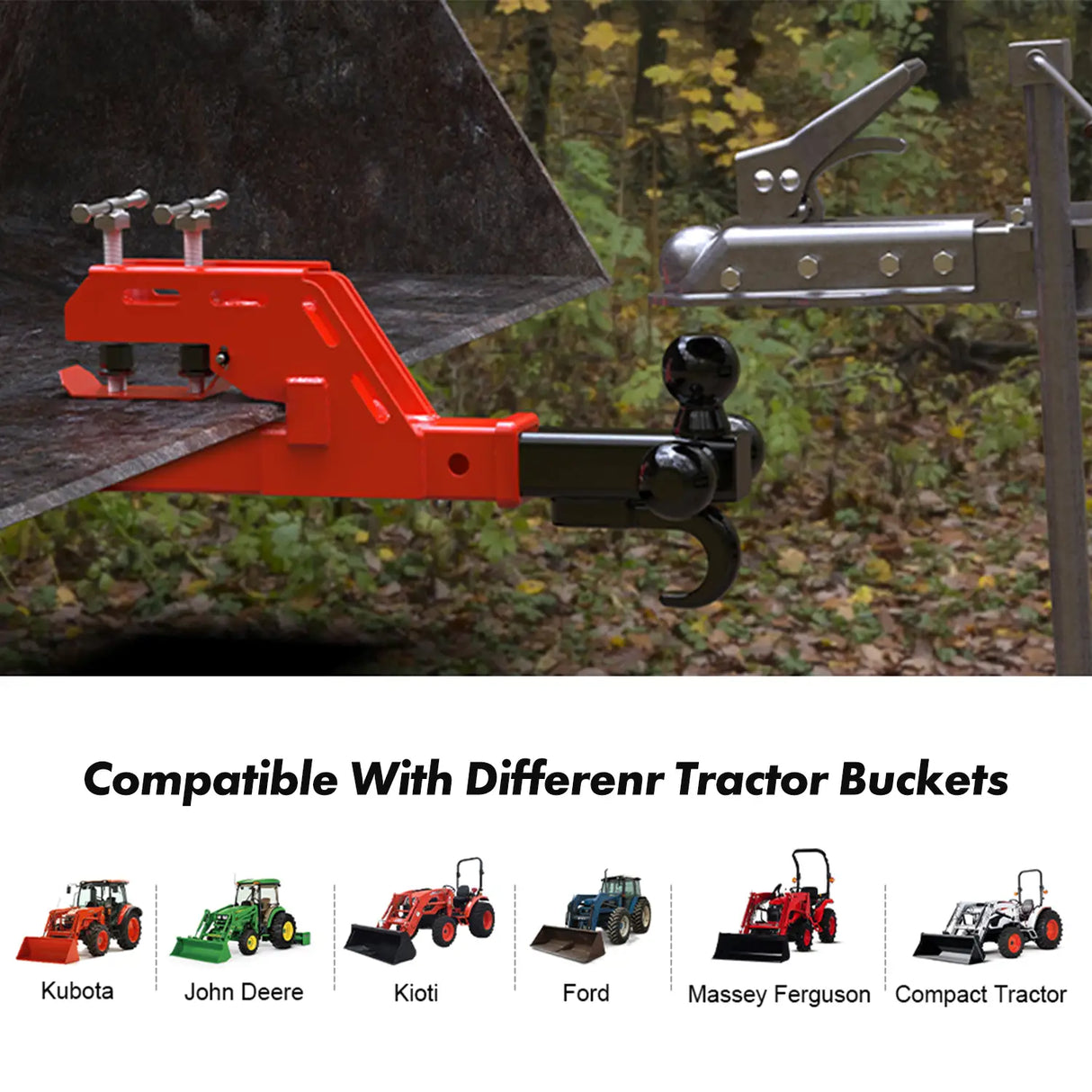 Upgraded Tractor Clamp on Trailer Hitch, Clamp-on Tractor Bucket Hitch 2" Ball Mount Receiver Adapter for Kubota Tractor Bucket, Red Bucket Trailer Hitch Attachment Accessories