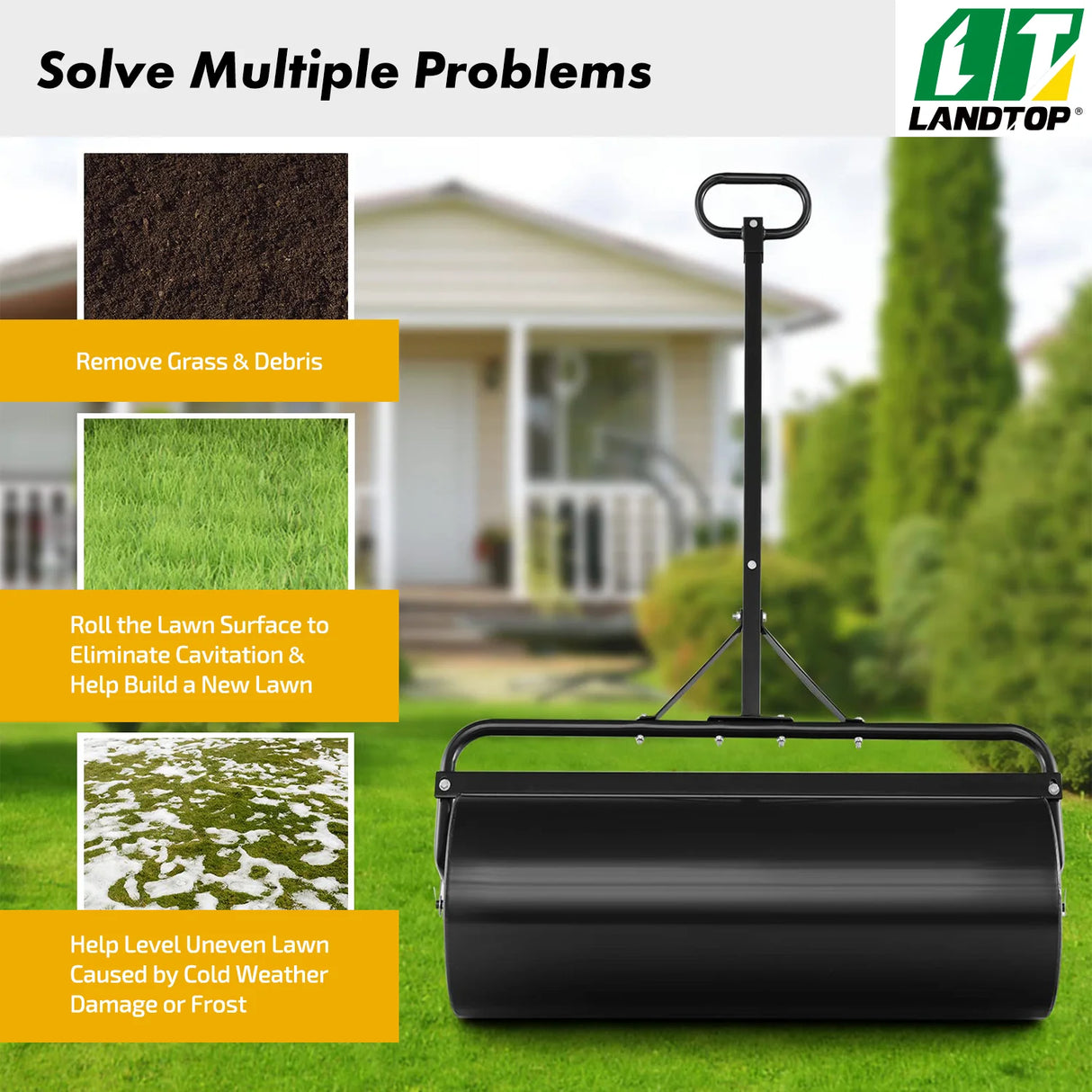 Black Lawn Roller, Push/Tow Behind Lawn Roller, 30 Gallon/113L Water Sand Filled Sod Roller Drum Roller with Detachable Gripping Handle, Yard Roller Pull Behind a Tractor for Garden Yard Park Farm