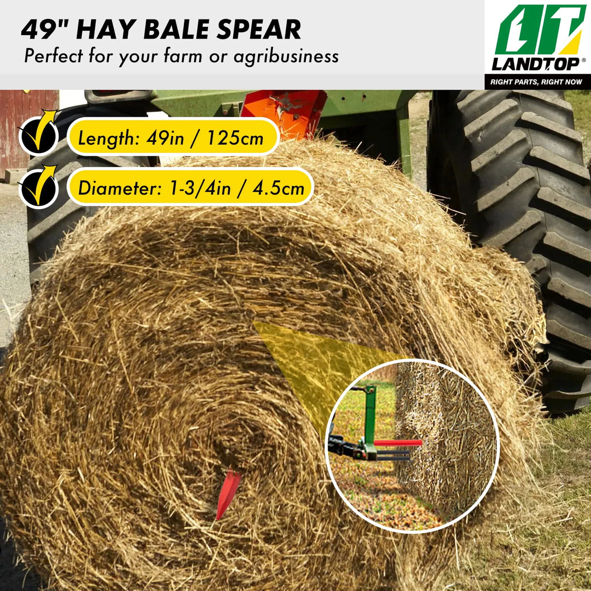 49" Hay Spears, 3000 Lbs Capacity Quick Attach Square Hay Bale Spear with 2 Stabilizer Spears