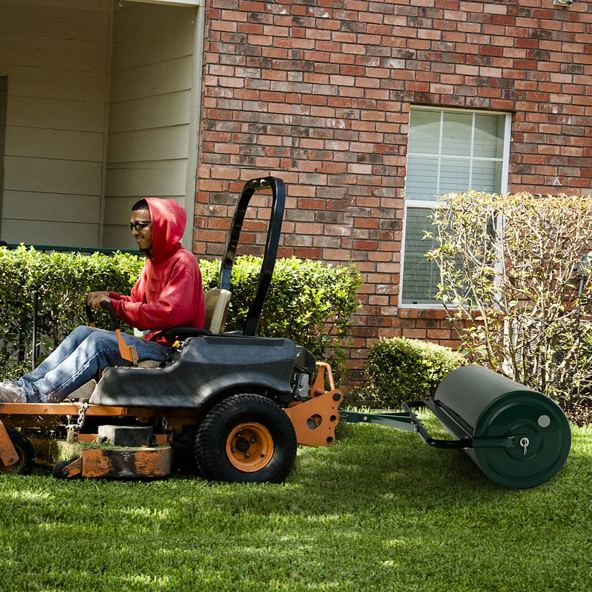 Green Lawn Roller, Push/Tow Behind Lawn Roller, 30 Gallon/113L Water Sand Filled Sod Roller Drum Roller with Detachable Gripping Handle, Yard Roller Pull Behind a Tractor for Garden Yard Park Farm