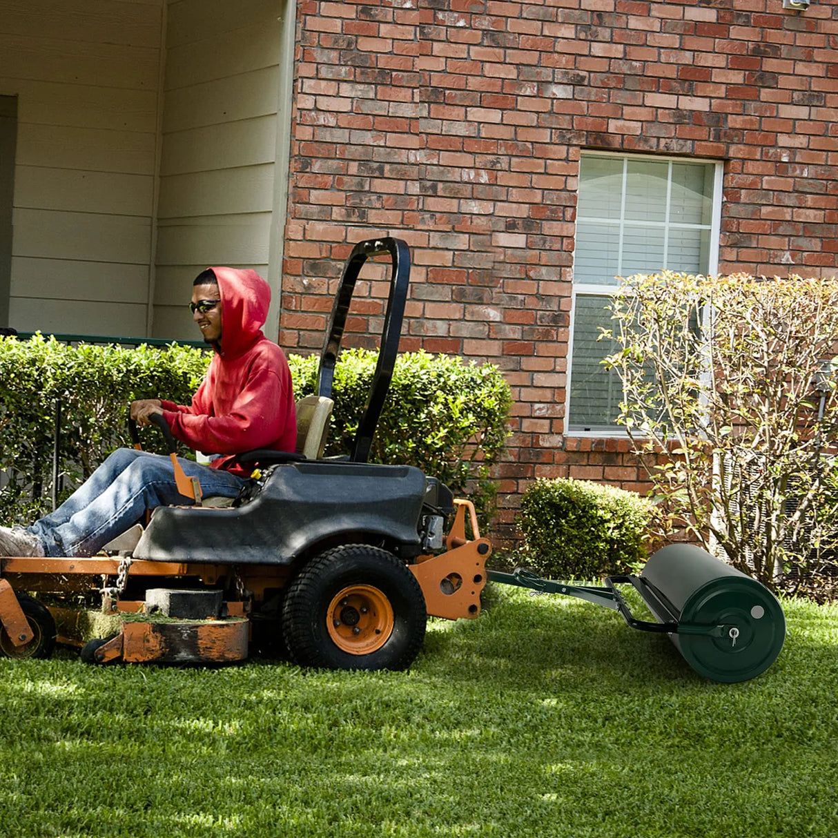 Green Lawn Roller, Push/Tow-Behind Lawn Roller, 17 Gallon/63L Water Sand Filled Sod Roller Drum Roller with Detachable Gripping Handle, Yard Roller Pull Behind a Tractor for Garden Yard Park Farm