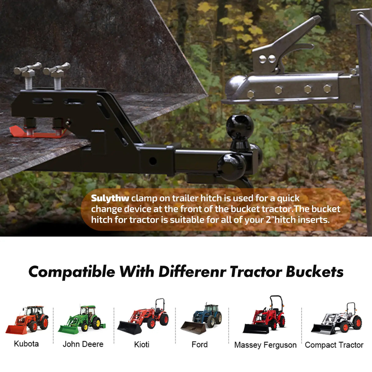 Upgraded Tractor Clamp on Trailer Hitch, Clamp-on Tractor Bucket Hitch 2" Ball Mount Receiver Adapter for Kubota Tractor Bucket, Black Bucket Trailer Hitch Attachment Accessories