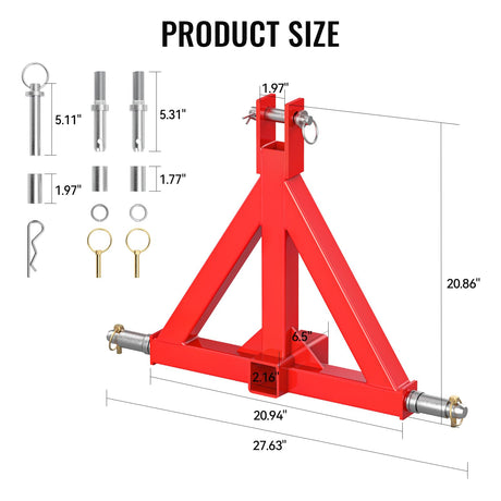 Durable Red 3 Point 2" Receiver Trailer Hitch Heavy Duty Drawbar Adapter Category 1 Tractor