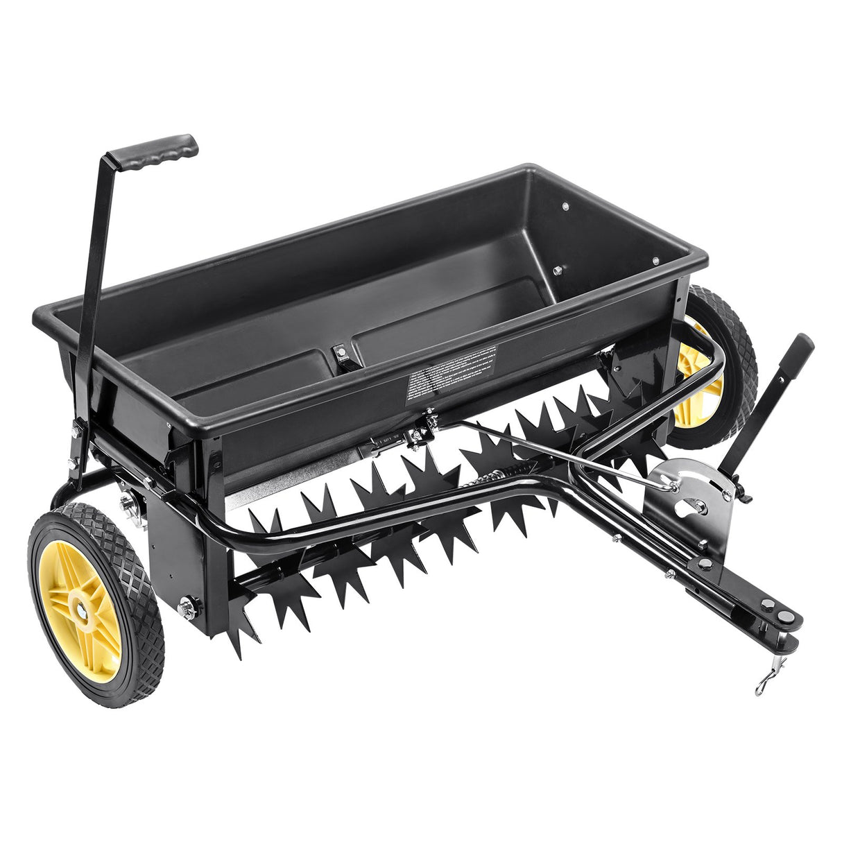 Broadcast Spreader, 100 LB Tow Behind Poly Drop Spreader with 10" Wheels, Steel Spike Aerator, Fertilizer Spreader, Garden Seeder, and Salt Spreader, for Residential, Farm, Tough Terrain, Black