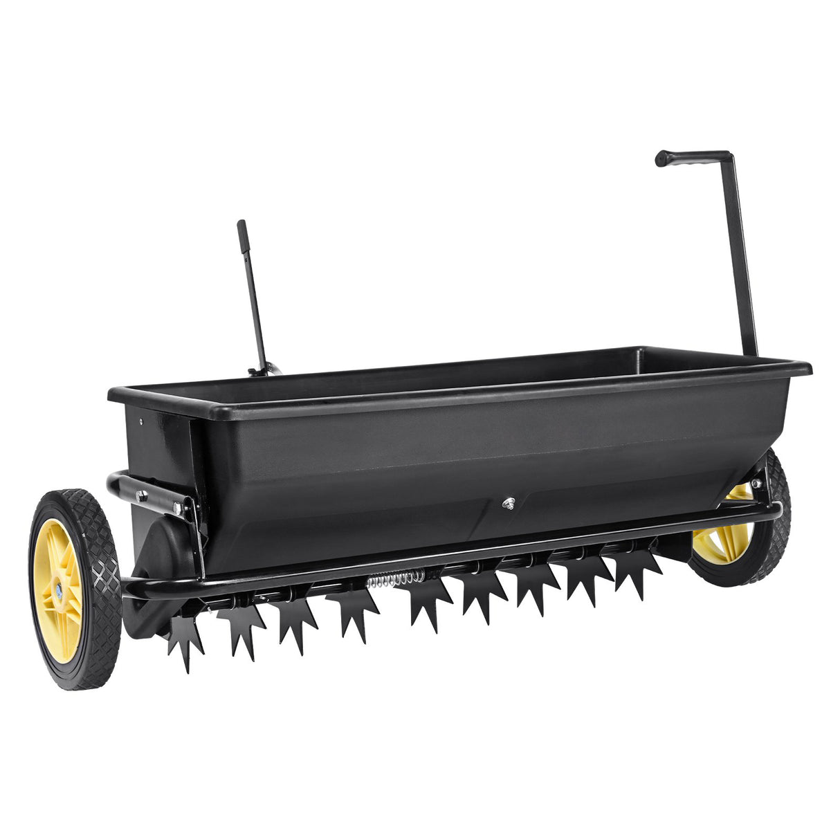 Broadcast Spreader, 100 LB Tow Behind Poly Drop Spreader with 10" Wheels, Steel Spike Aerator, Fertilizer Spreader, Garden Seeder, and Salt Spreader, for Residential, Farm, Tough Terrain, Black