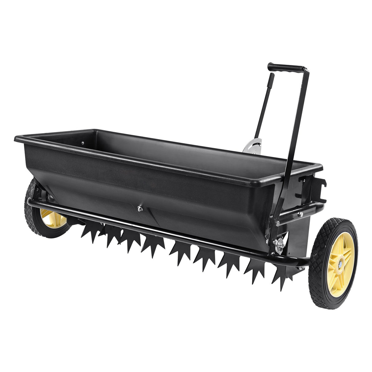 Broadcast Spreader, 100 LB Tow Behind Poly Drop Spreader with 10" Wheels, Steel Spike Aerator, Fertilizer Spreader, Garden Seeder, and Salt Spreader, for Residential, Farm, Tough Terrain, Black